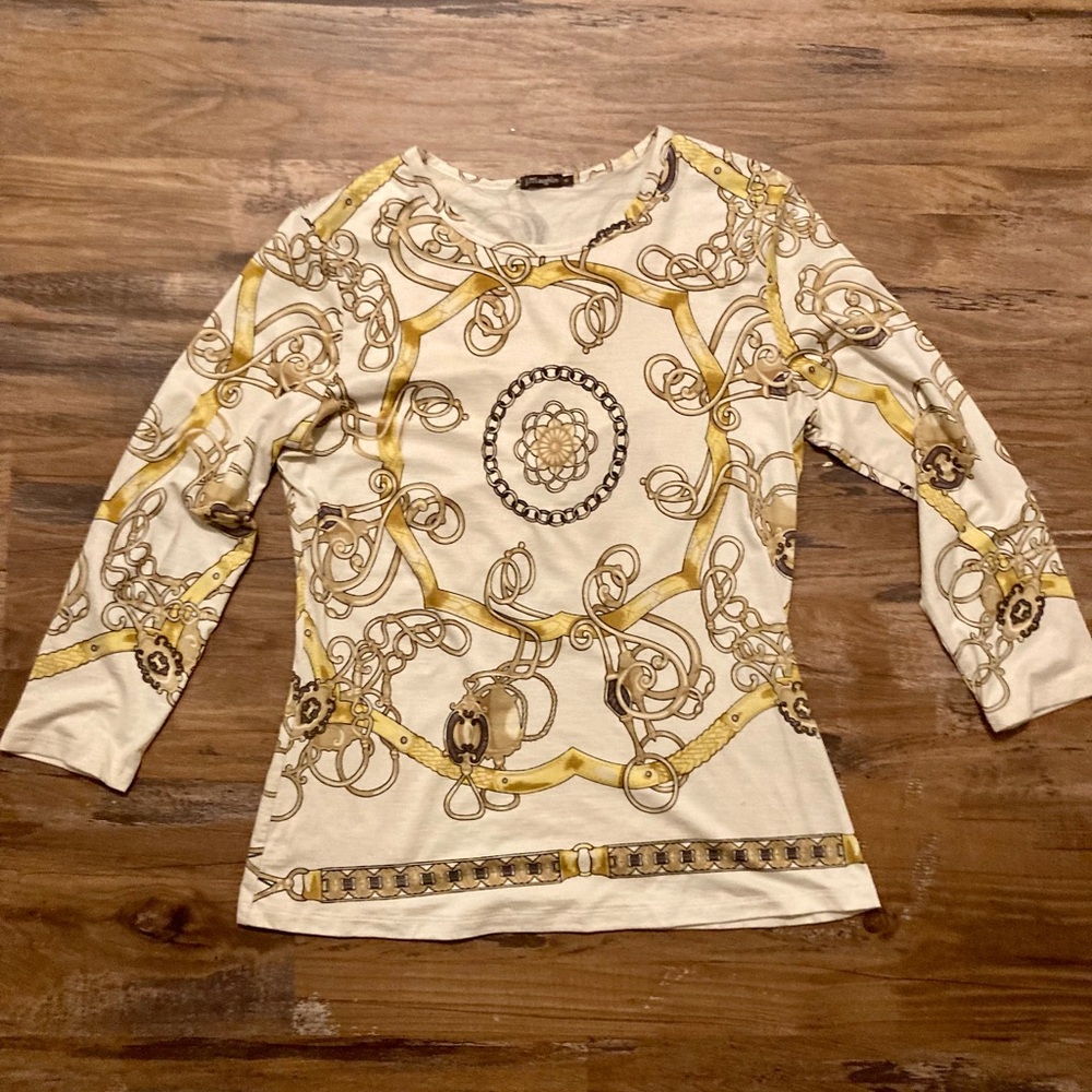J. McLaughlin Cream & Gold SILK 3/4 Sleeve Chain & Medallion Equestrian Top - Picture 9 of 11